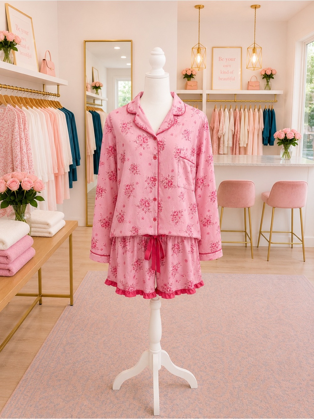 Jess Lea Pink Rose Floral Ruffle Pajama Short Set Multiple Sizes M XL 2X 3X NWOT